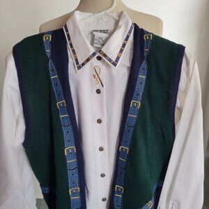 Koret City Blues White Blouse & Colorblock Embroidered Vest Sweater Set (Size: L